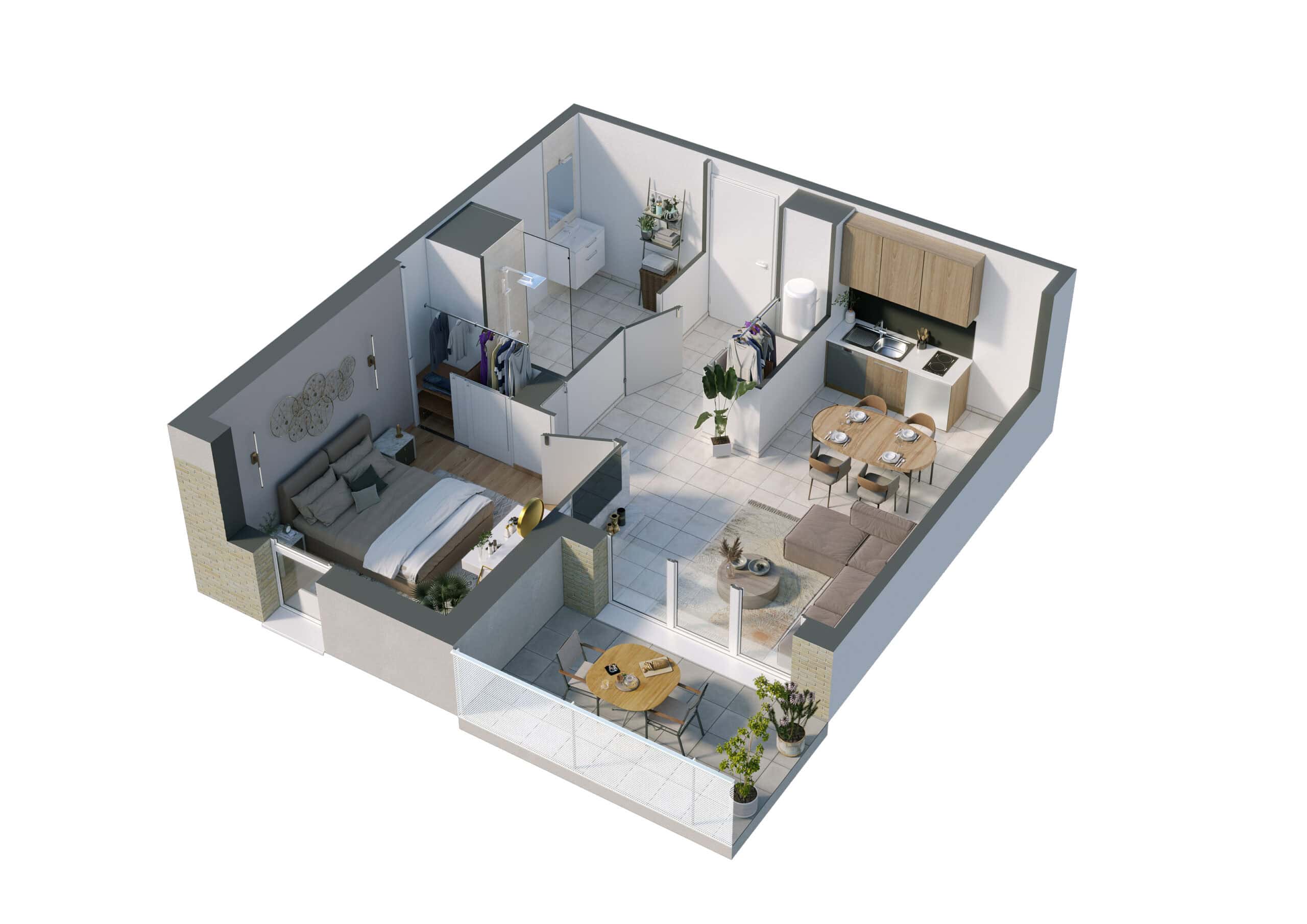 Plan 3D isométrique d'un appartement T2 dans la résidence senior Les Sarments à Gagnac-sur-Garonne, avec balcon et aménagements spécifiques seniors.